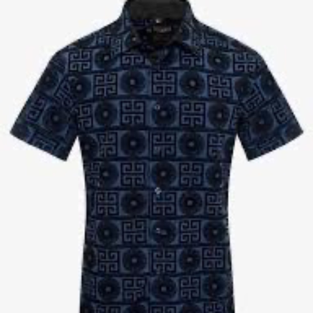 Chuxx Royal Blue/Black Greek Key Design. Short‎ Sleeve Button Down Shirt Sz L